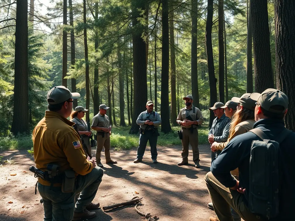 A group of hunters participating in a responsible hunting training session in a forest, focusing on safety and ethical practices.