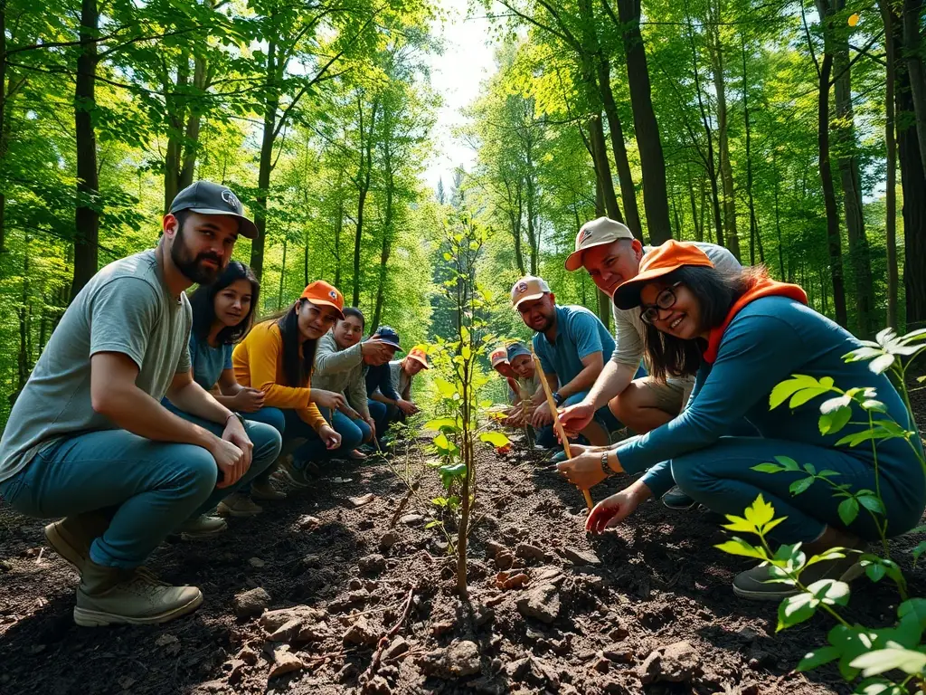 Volunteers working on habitat restoration project, planting trees and clearing debris.