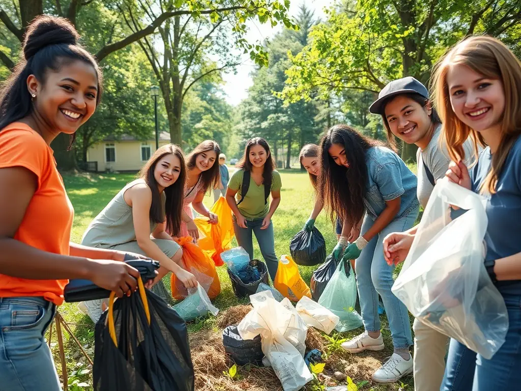 A photograph of a group of volunteers cleaning up a local forest area, showcasing community involvement and environmental stewardship.