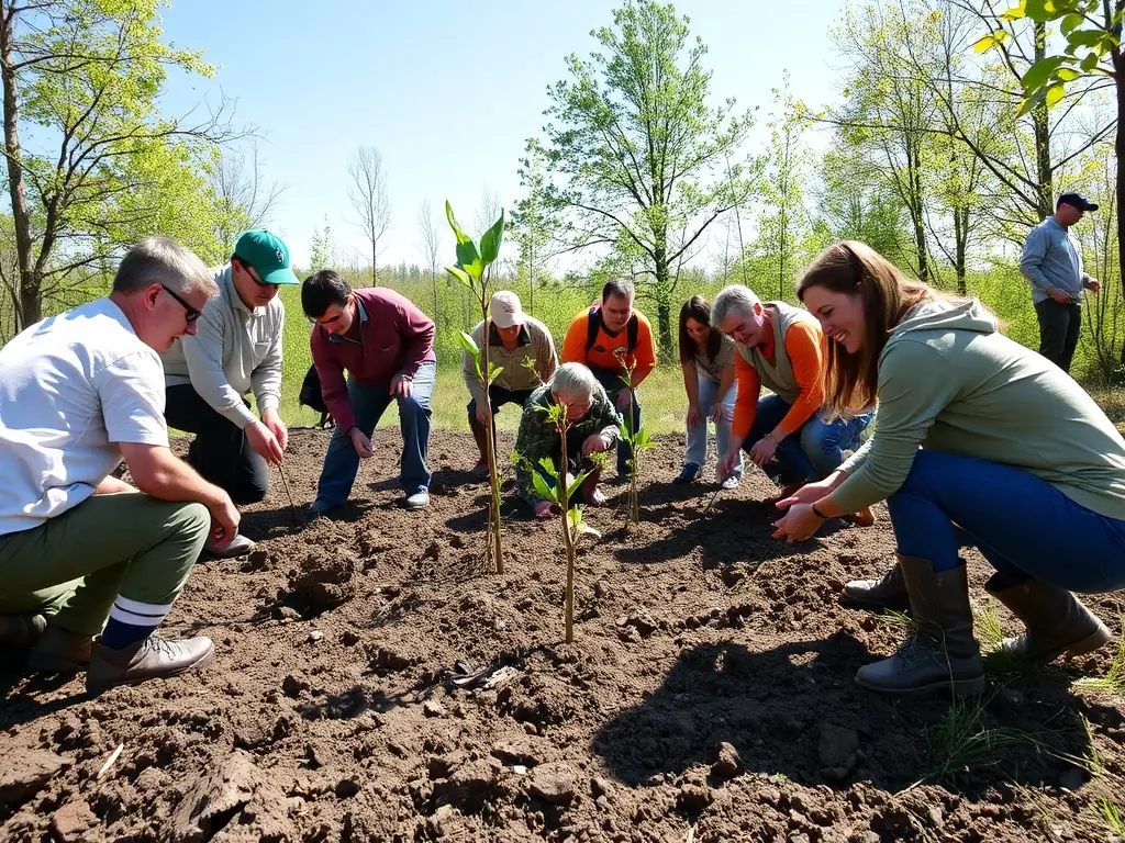 Volunteers participating in a habitat restoration project, planting native trees and shrubs to enhance biodiversity and support local wildlife populations.