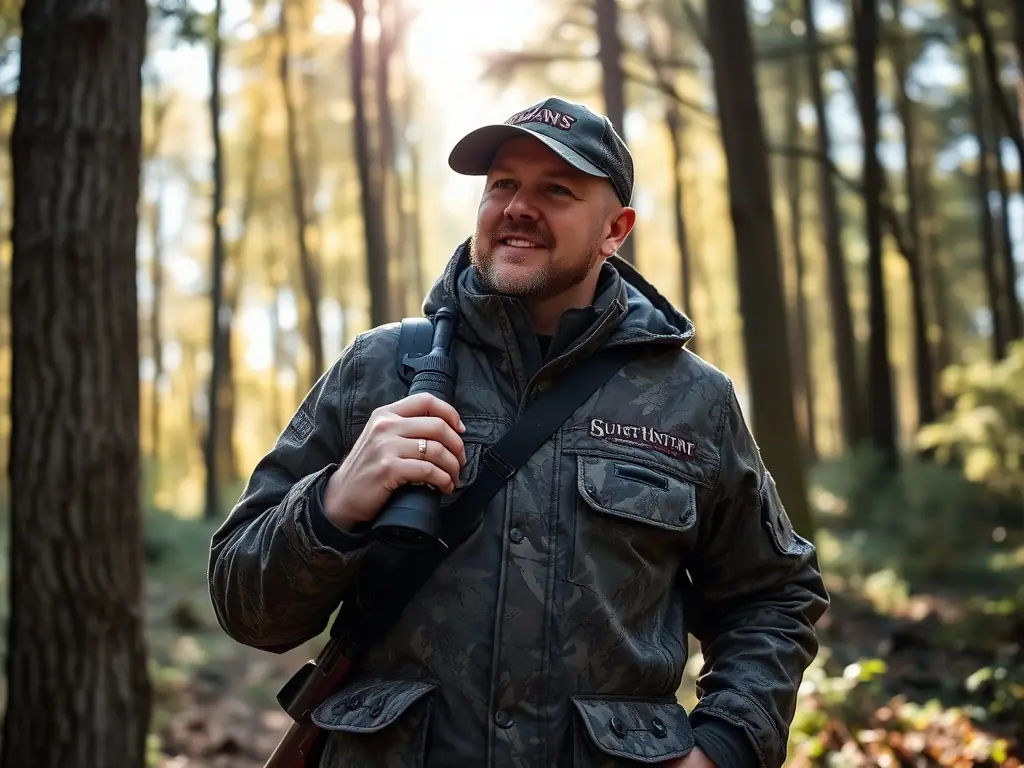 A group of hunters participating in a responsible hunting training session in a forest setting, demonstrating safe firearm handling and wildlife observation techniques.