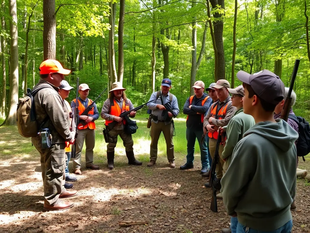 A group of hunters participating in a responsible hunting training session in a forest.