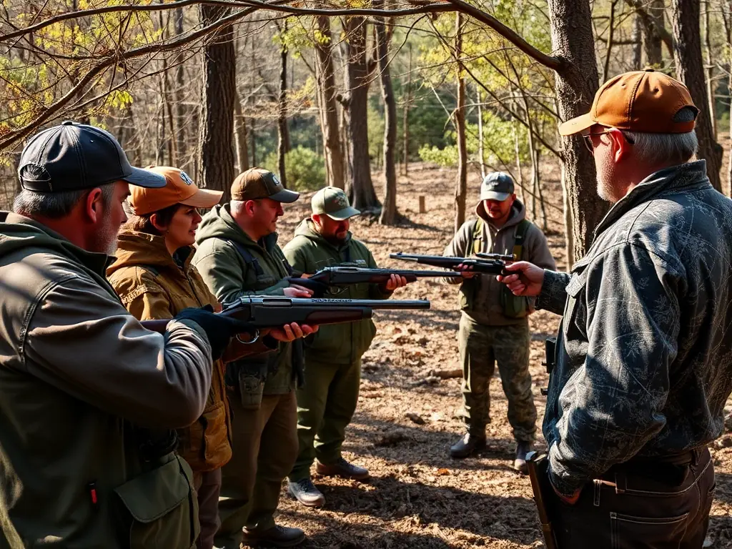 A group of hunters participating in a safety training session outdoors, with instructors demonstrating proper handling of equipment.